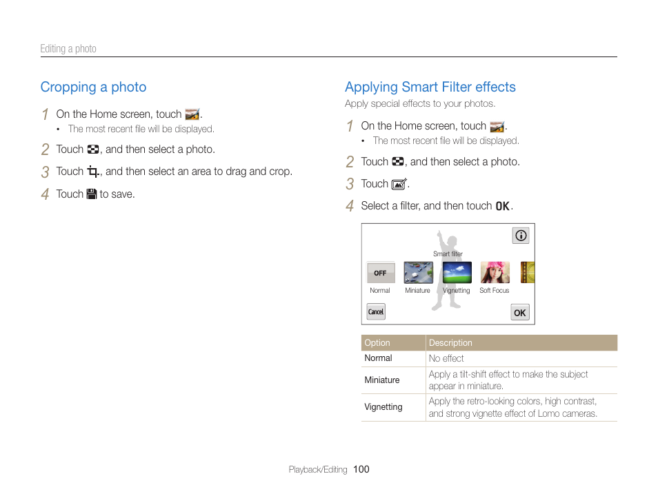 Cropping a photo, Applying smart filter effects, Cropping a photo ……………………… 100 | Applying smart filter effects …………… 100 | Samsung EC-MV900FBPWUS User Manual | Page 101 / 173