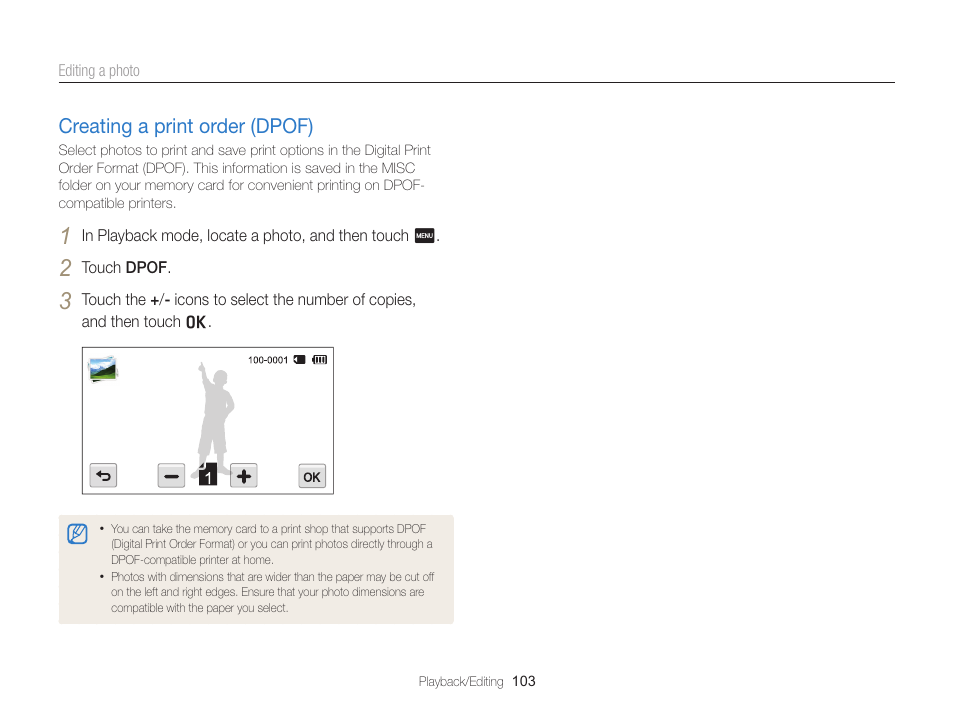 Creating a print order (dpof), Creating a print order (dpof) ………… 103 | Samsung EC-MV900FBPWUS User Manual | Page 104 / 173