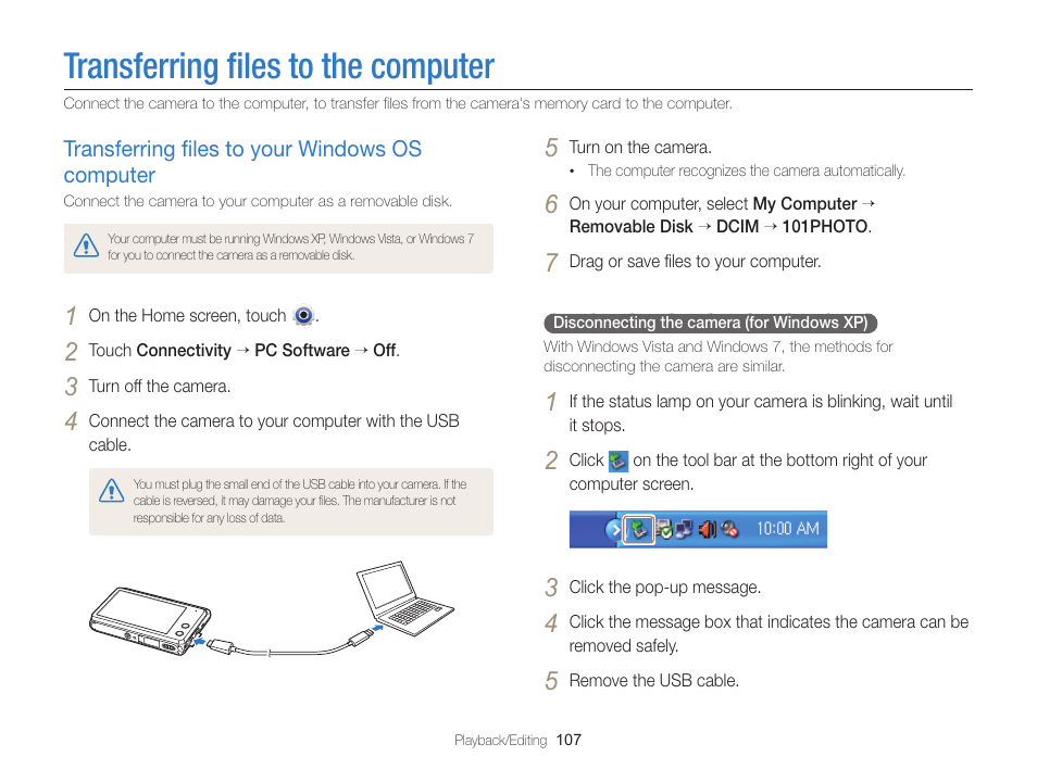 Transferring files to the computer, Transferring files to your windows os computer, Transferring ﬁles to the computer | Transferring ﬁles to your windows os computer, Transferring ﬁles to your, Windows os computer ………………… 107 | Samsung EC-MV900FBPWUS User Manual | Page 108 / 173