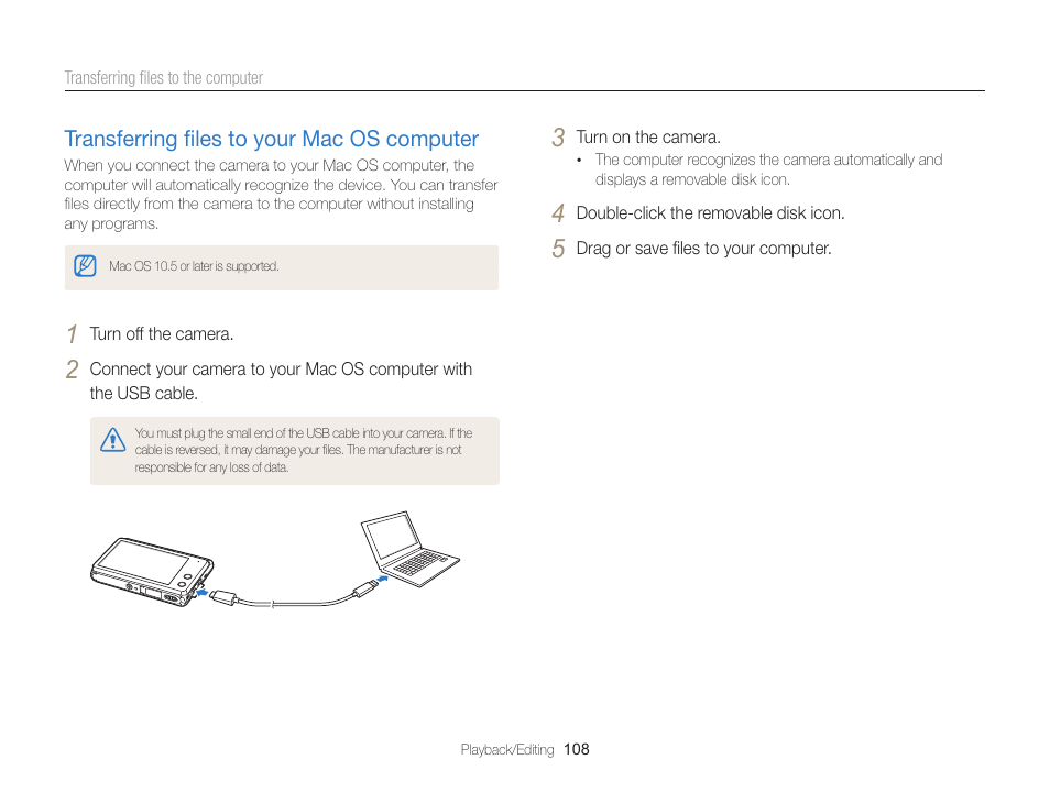 Transferring files to your mac os computer, Transferring ﬁles to your mac os computer, Transferring ﬁles to your | Mac os computer ……………………… 108 | Samsung EC-MV900FBPWUS User Manual | Page 109 / 173