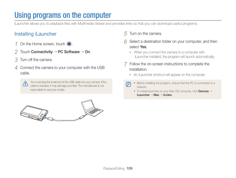 Using programs on the computer, Installing ilauncher, Installing ilauncher …………………… 109 | Samsung EC-MV900FBPWUS User Manual | Page 110 / 173