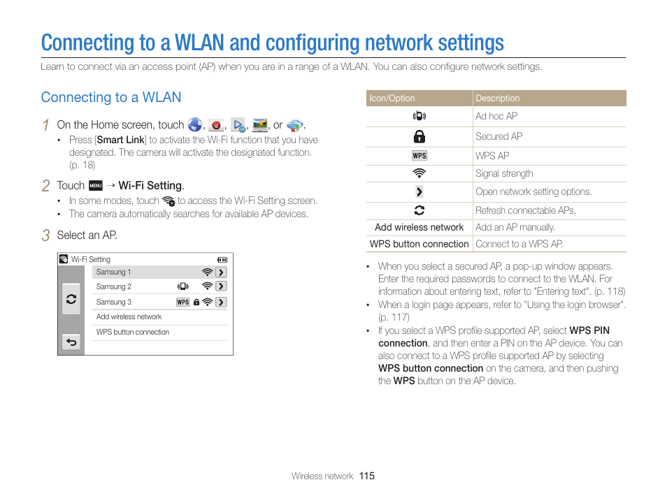 Connecting to a wlan, Connecting to a wlan and conﬁguring, Network settings | Connecting to a wlan and, Conﬁguring network settings, Connecting to a wlan ………………… 115 | Samsung EC-MV900FBPWUS User Manual | Page 116 / 173
