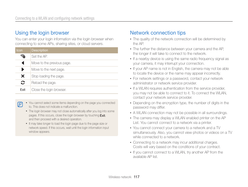 Using the login browser, Network connection tips, Using the login browser ………………… 117 | Network connection tips ……………… 117 | Samsung EC-MV900FBPWUS User Manual | Page 118 / 173