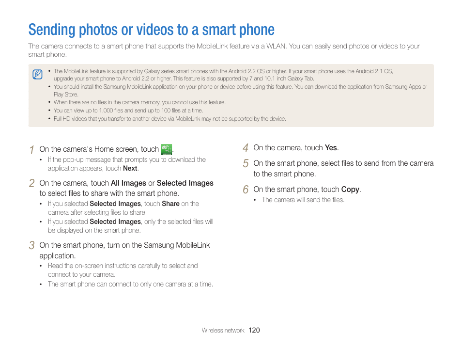 Sending photos or videos to a smart phone, Sending photos or videos to, A smart phone | Samsung EC-MV900FBPWUS User Manual | Page 121 / 173