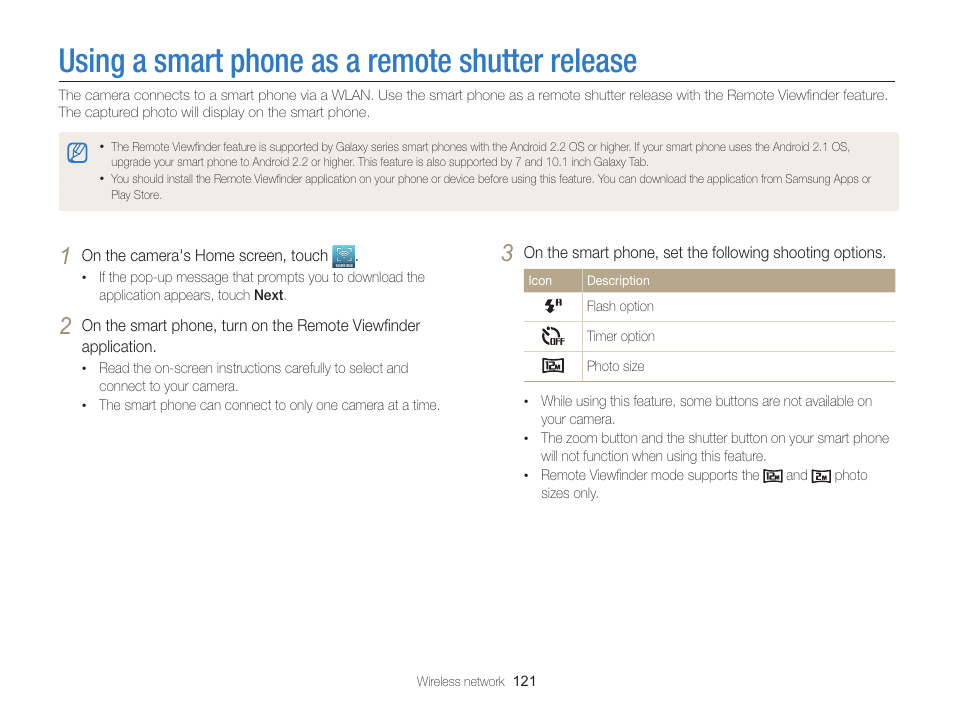 Using a smart phone as a remote shutter release, Using a smart phone as, A remote shutter release | Samsung EC-MV900FBPWUS User Manual | Page 122 / 173