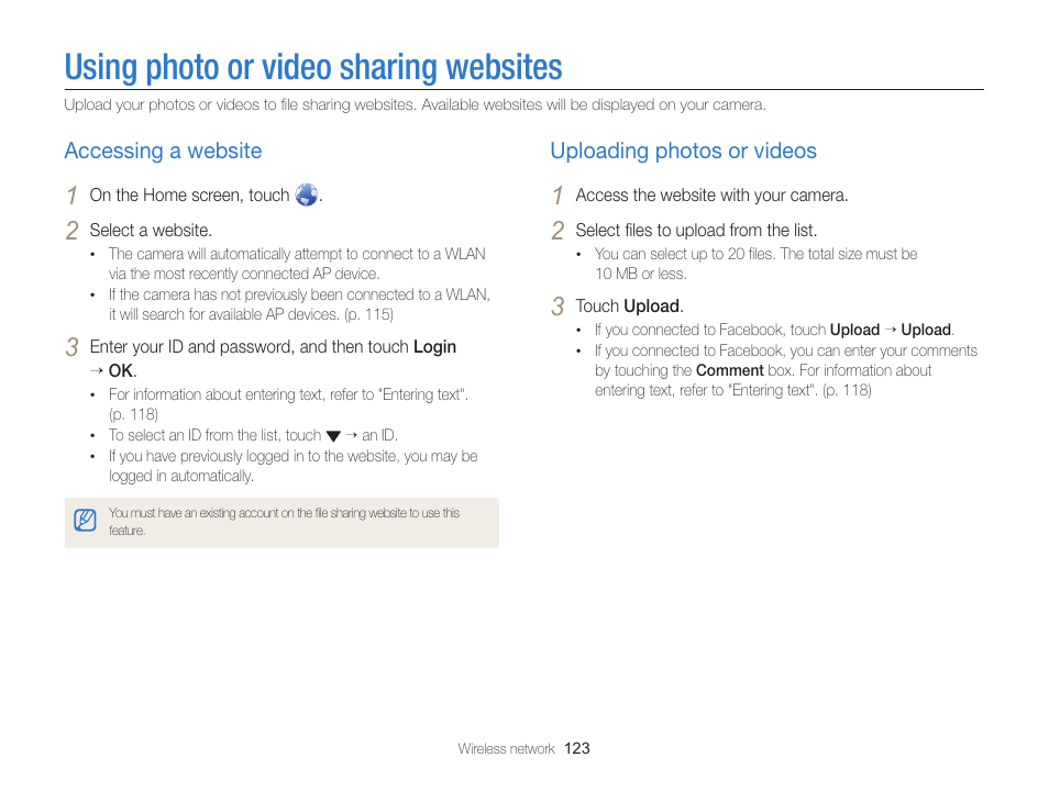 Using photo or video sharing websites, Accessing a website, Uploading photos or videos | Using photo or video sharing, Websites, Accessing a website …………………… 123, Uploading photos or videos …………… 123 | Samsung EC-MV900FBPWUS User Manual | Page 124 / 173