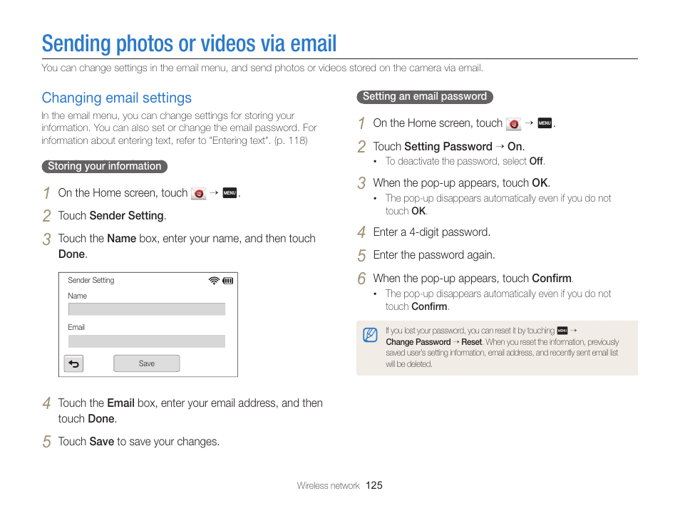 Sending photos or videos via email, Changing email settings, Changing email settings ……………… 125 | Samsung EC-MV900FBPWUS User Manual | Page 126 / 173