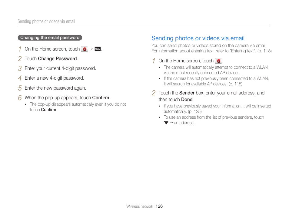 Sending photos or videos via email, Sending photos or videos via email …… 126 | Samsung EC-MV900FBPWUS User Manual | Page 127 / 173