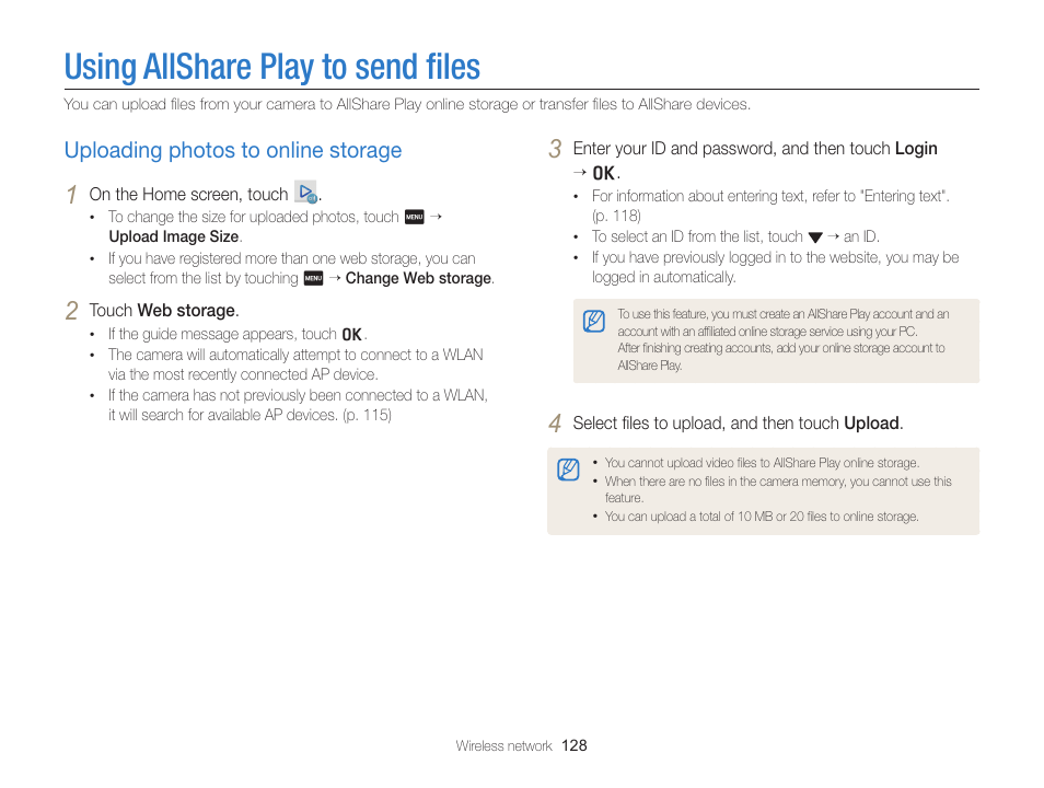 Using allshare play to send files, Uploading photos to online storage, Using allshare play to send ﬁles | Uploading photos to online storage …… 128 | Samsung EC-MV900FBPWUS User Manual | Page 129 / 173