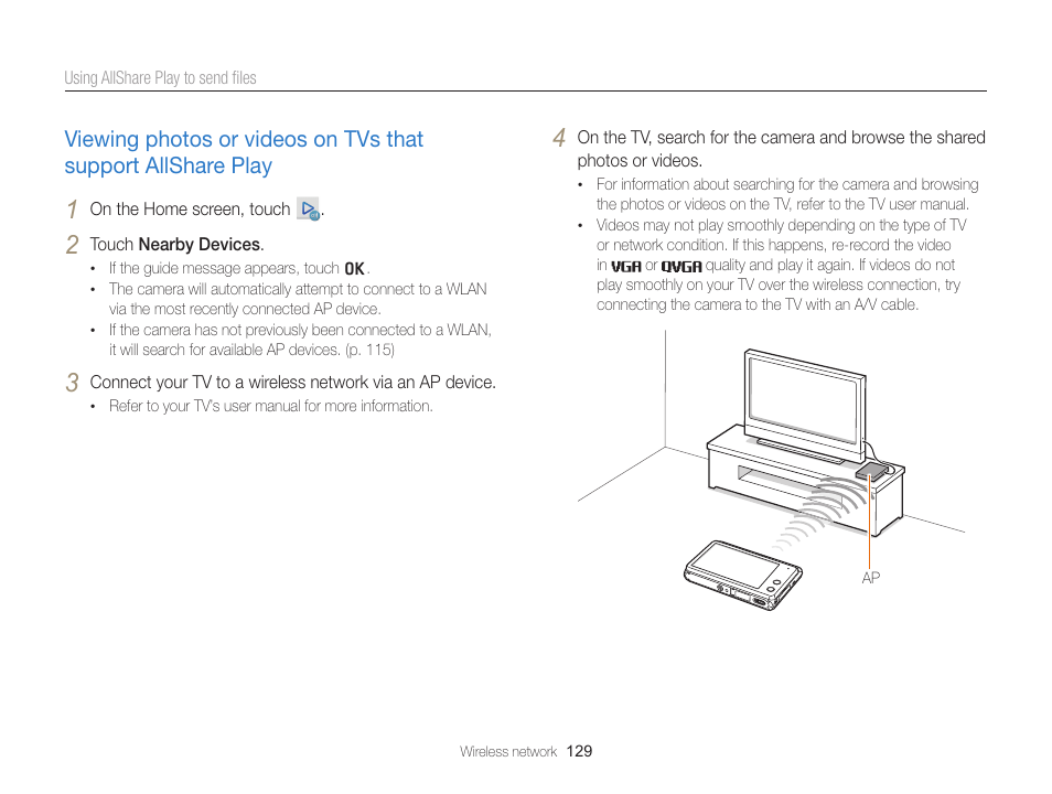 Viewing photos or videos on tvs, That support allshare play ……………… 129 | Samsung EC-MV900FBPWUS User Manual | Page 130 / 173