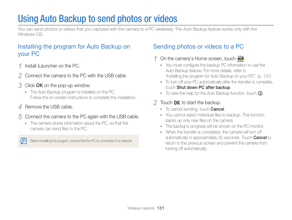 Using auto backup to send photos or videos, Installing the program for auto backup on your pc, Sending photos or videos to a pc | Using auto backup to send photos, Or videos, Installing the program for auto backup, On your pc …………………………… 131, Sending photos or videos to a pc …… 131 | Samsung EC-MV900FBPWUS User Manual | Page 132 / 173