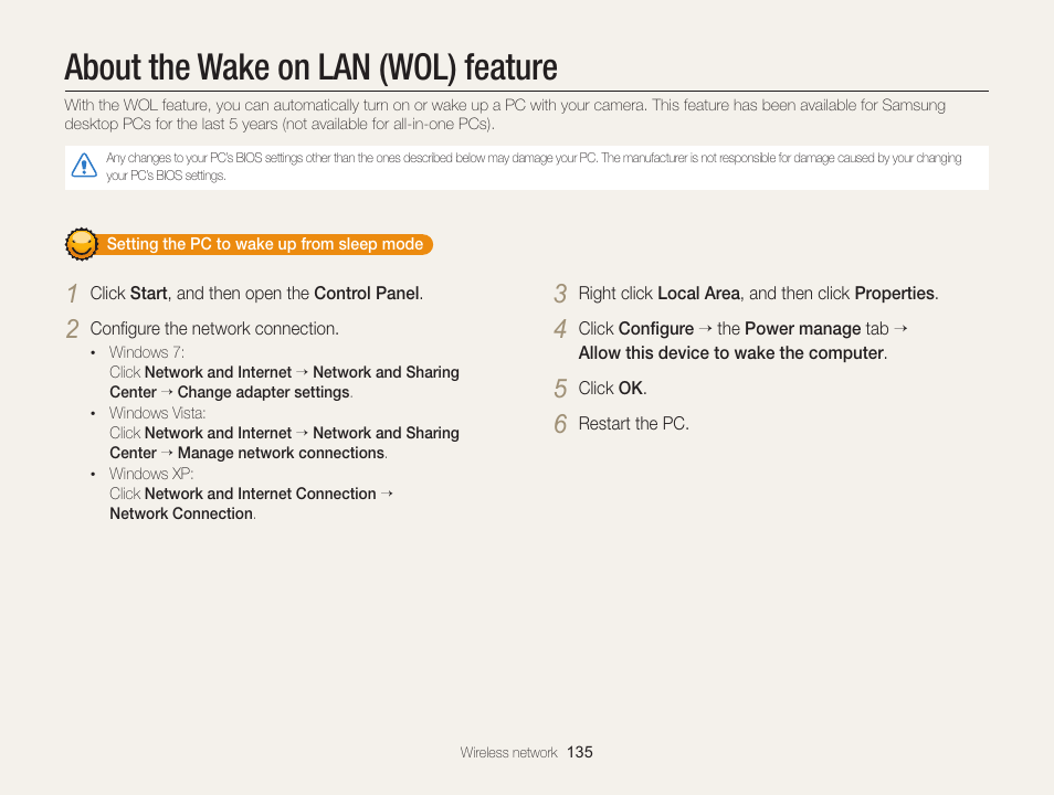 About the wake on lan (wol) feature, About the wake on lan (wol), Feature | Samsung EC-MV900FBPWUS User Manual | Page 136 / 173