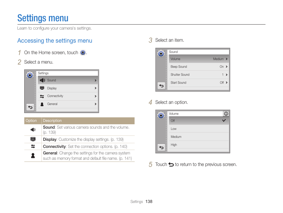 Settings menu, Accessing the settings menu, Accessing the settings menu ……………………… 138 | Samsung EC-MV900FBPWUS User Manual | Page 139 / 173