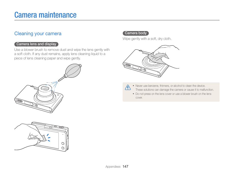 Camera maintenance, Cleaning your camera, Cleaning your camera ……………………………… 147 | Samsung EC-MV900FBPWUS User Manual | Page 148 / 173