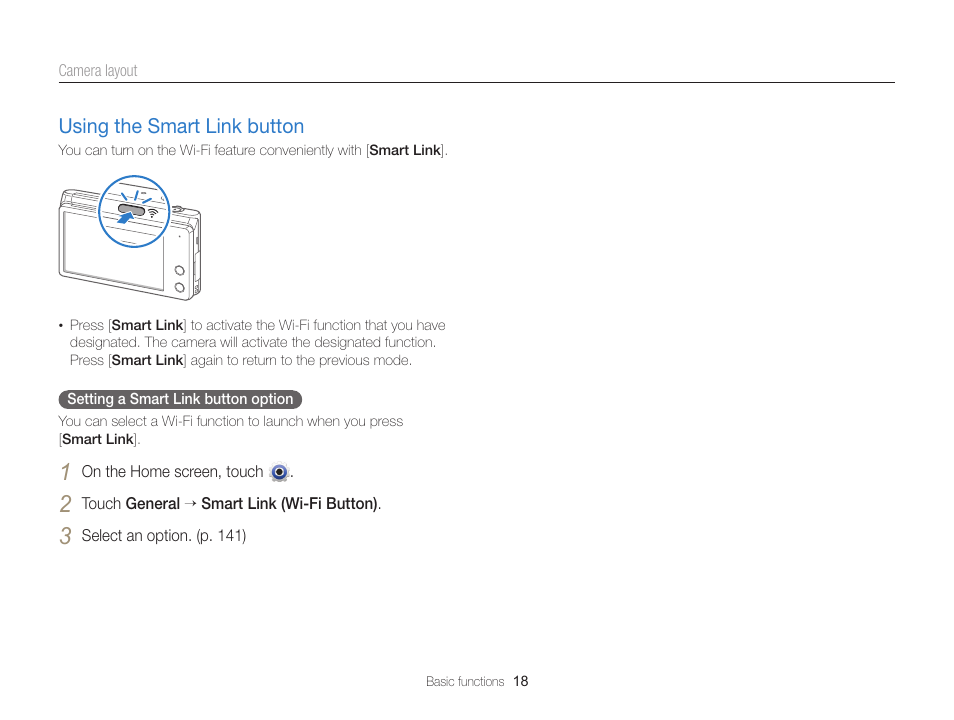 Using the smart link button, Using the smart link button ……………… 18 | Samsung EC-MV900FBPWUS User Manual | Page 19 / 173