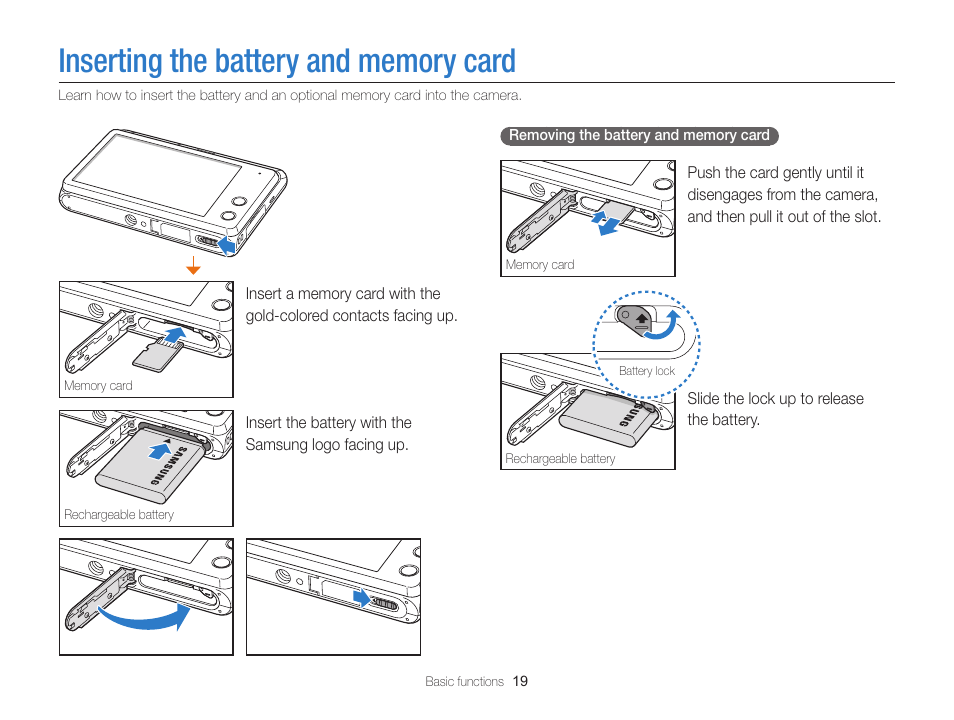 Inserting the battery and memory card | Samsung EC-MV900FBPWUS User Manual | Page 20 / 173