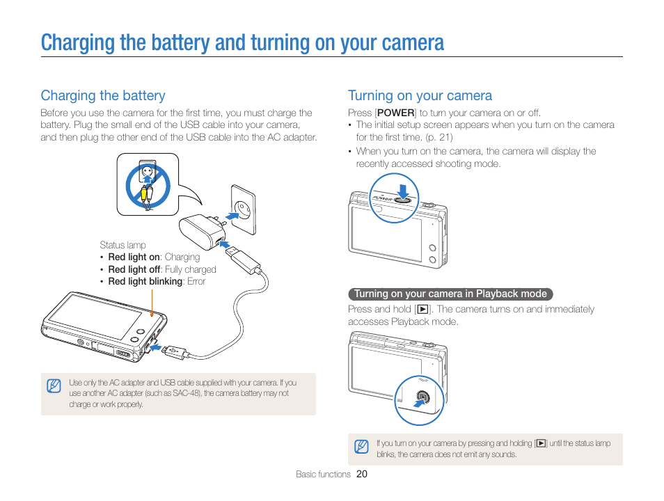 Charging the battery and turning on your camera, Charging the battery, Turning on your camera | Charging the battery and turning, On your camera, Charging the battery ……………………… 20, Turning on your camera ………………… 20 | Samsung EC-MV900FBPWUS User Manual | Page 21 / 173