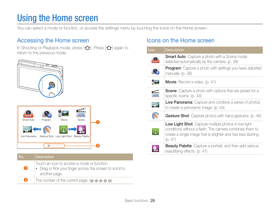 Using the home screen, Accessing the home screen, Icons on the home screen | Accessing the home screen ……………… 26, Icons on the home screen ……………… 26 | Samsung EC-MV900FBPWUS User Manual | Page 27 / 173