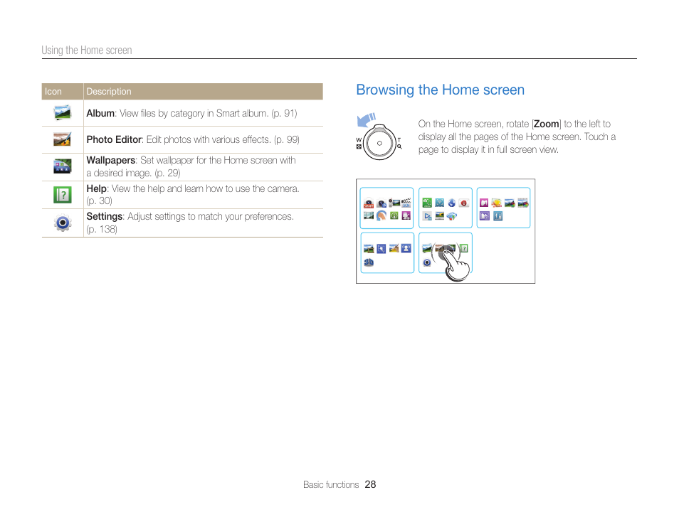 Browsing the home screen, Browsing the home screen ……………… 28 | Samsung EC-MV900FBPWUS User Manual | Page 29 / 173