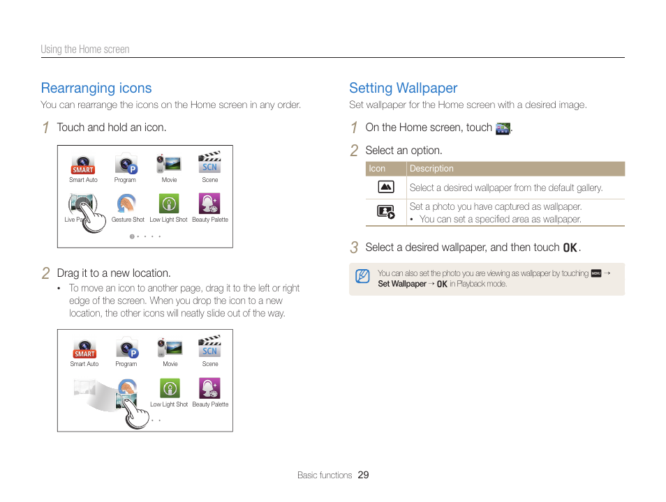 Rearranging icons, Setting wallpaper, Rearranging icons ………………………… 29 | Setting wallpaper ………………………… 29 | Samsung EC-MV900FBPWUS User Manual | Page 30 / 173