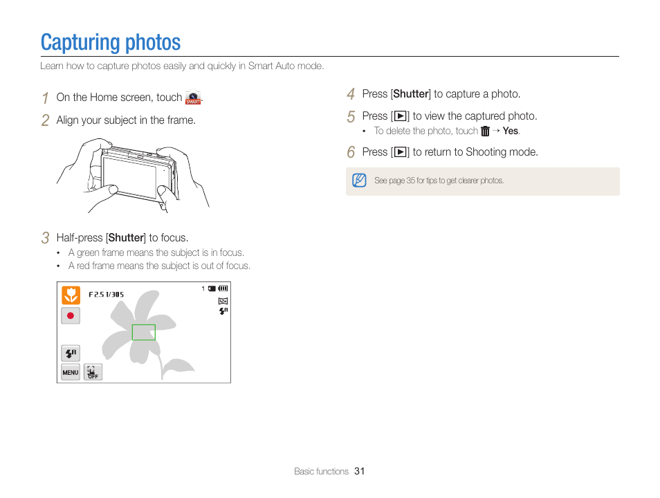 Capturing photos | Samsung EC-MV900FBPWUS User Manual | Page 32 / 173