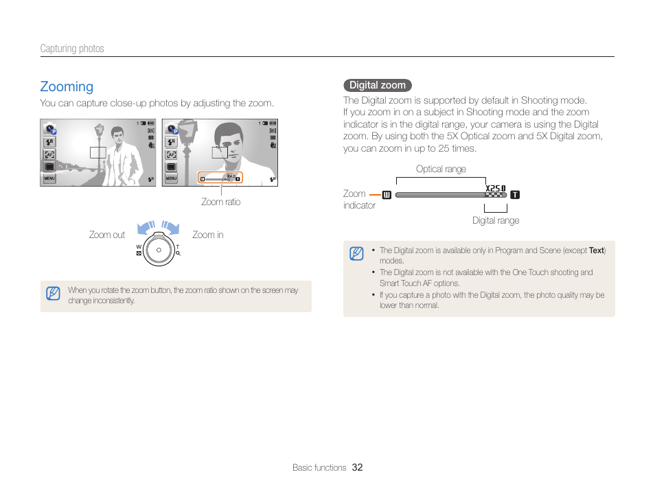 Zooming, Zooming ………………………………… 32 | Samsung EC-MV900FBPWUS User Manual | Page 33 / 173