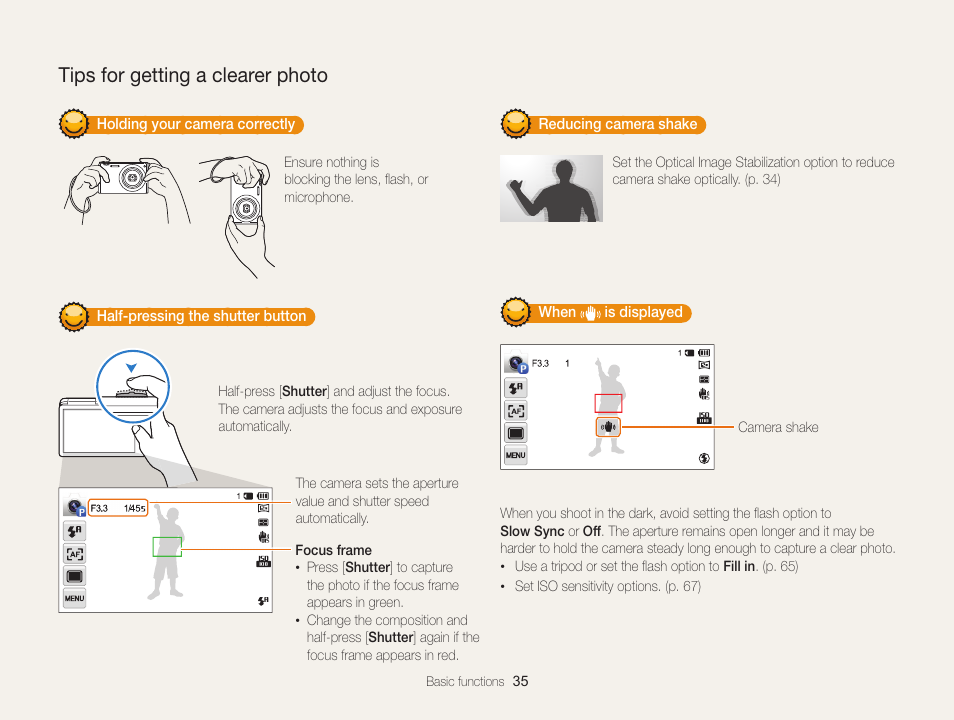 Tips for getting a clearer photo, To ensure the subject is focused. (p. 35) | Samsung EC-MV900FBPWUS User Manual | Page 36 / 173