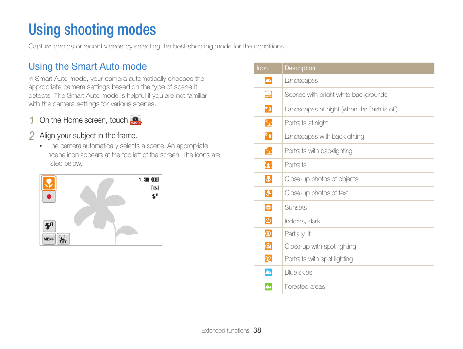 Using shooting modes, Using the smart auto mode, Using the smart auto mode ……………… 38 | Samsung EC-MV900FBPWUS User Manual | Page 39 / 173