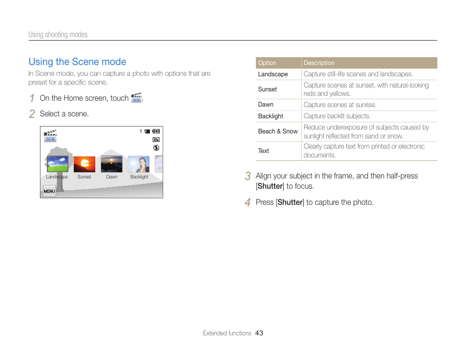 Using the scene mode, In scene mode. (p. 43), Using the scene mode …………………… 43 | Samsung EC-MV900FBPWUS User Manual | Page 44 / 173