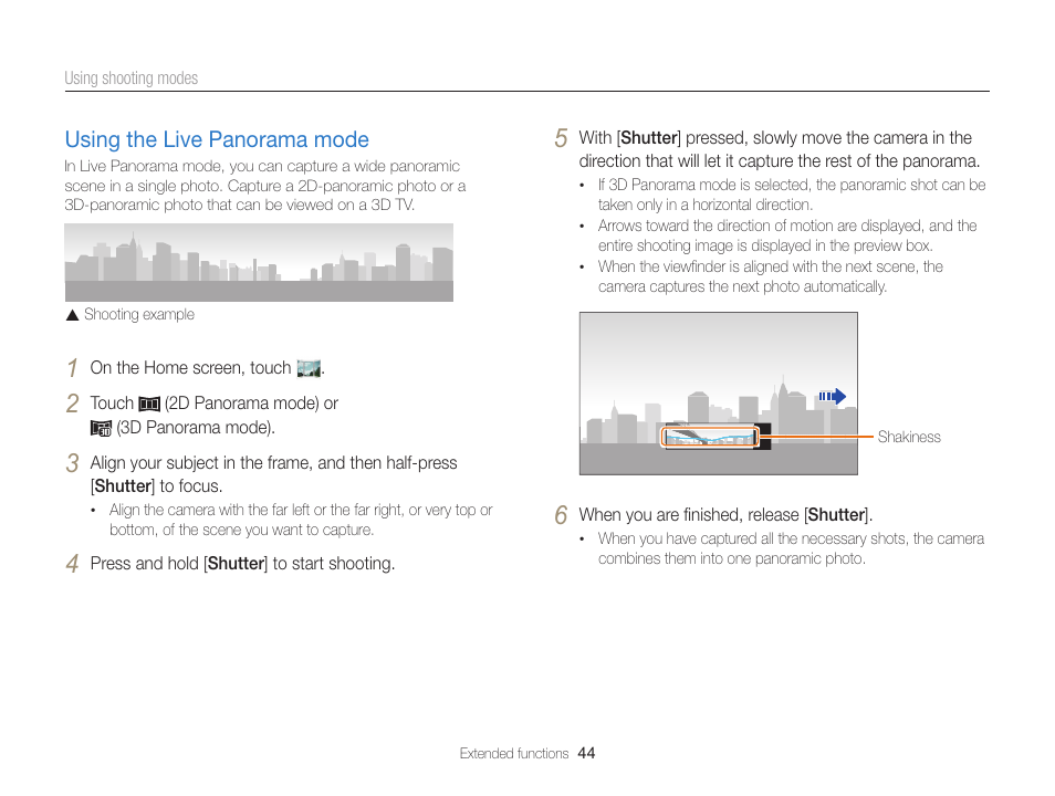 Using the live panorama mode, Using the live panorama mode ………… 44 | Samsung EC-MV900FBPWUS User Manual | Page 45 / 173