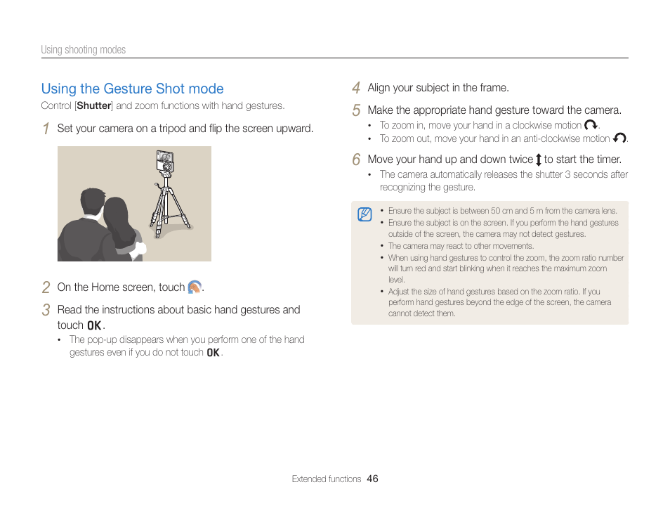 Using the gesture shot mode, Using the gesture shot mode …………… 46 | Samsung EC-MV900FBPWUS User Manual | Page 47 / 173