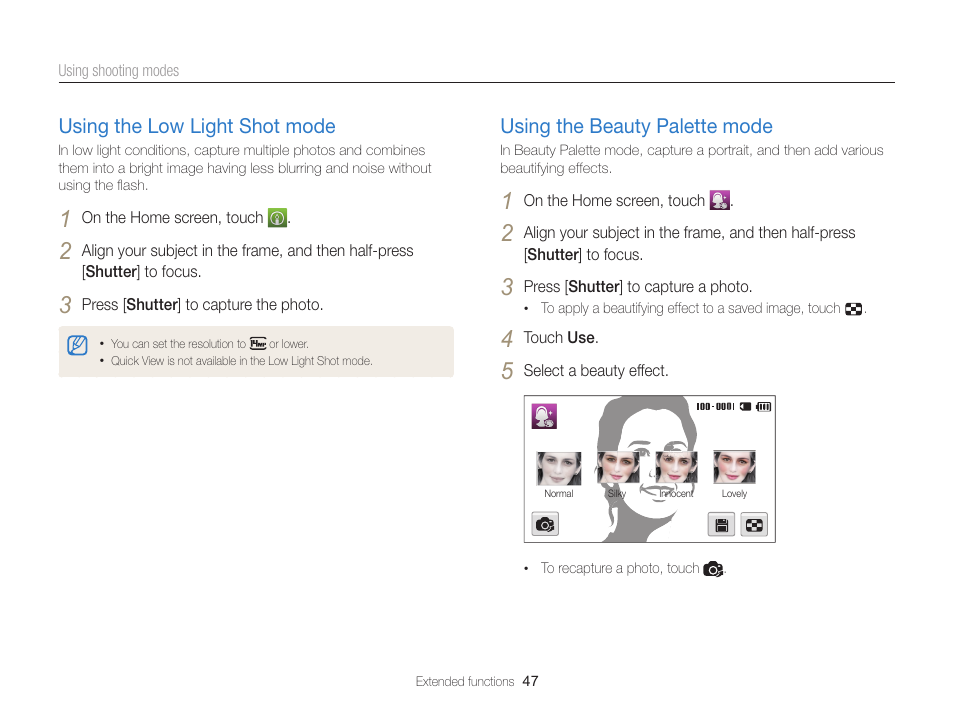 Using the low light shot mode, Using the beauty palette mode, Use the low light shot mode. (p. 47) | Using the low light shot mode ………… 47, Using the beauty palette mode ………… 47 | Samsung EC-MV900FBPWUS User Manual | Page 48 / 173