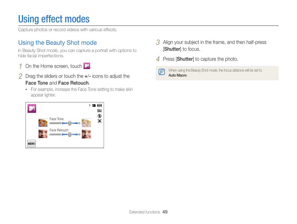 Using effect modes, Using the beauty shot mode, Using the beauty shot mode …………… 49 | Samsung EC-MV900FBPWUS User Manual | Page 50 / 173