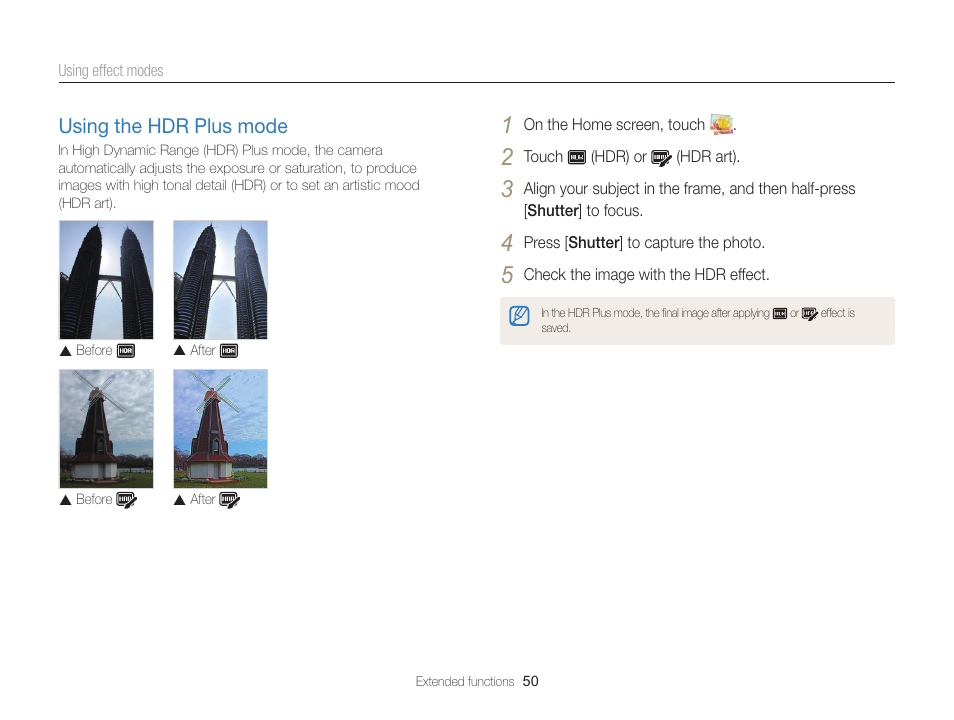 Using the hdr plus mode, Using the hdr plus mode ……………… 50 | Samsung EC-MV900FBPWUS User Manual | Page 51 / 173