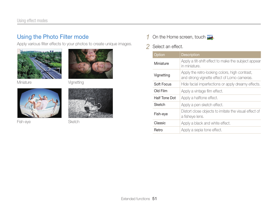 Using the photo filter mode, Using the photo filter mode ……………… 51 | Samsung EC-MV900FBPWUS User Manual | Page 52 / 173