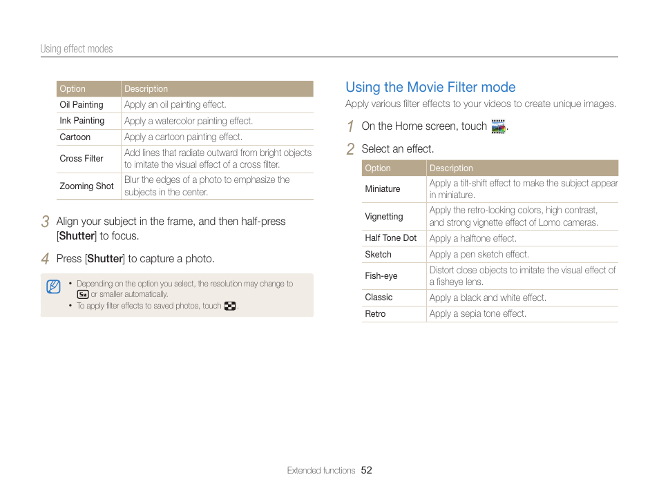 Using the movie filter mode, Using the movie filter mode ……………… 52 | Samsung EC-MV900FBPWUS User Manual | Page 53 / 173