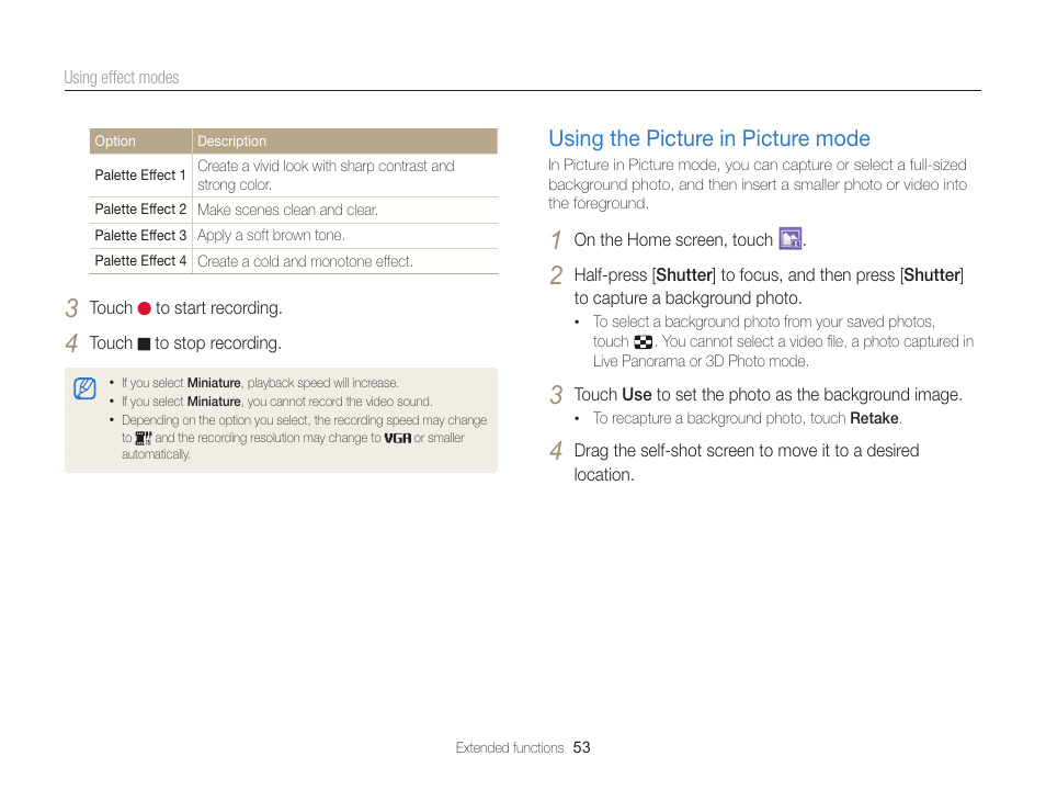 Using the picture in picture mode, Using the picture in picture mode ………… 53 | Samsung EC-MV900FBPWUS User Manual | Page 54 / 173