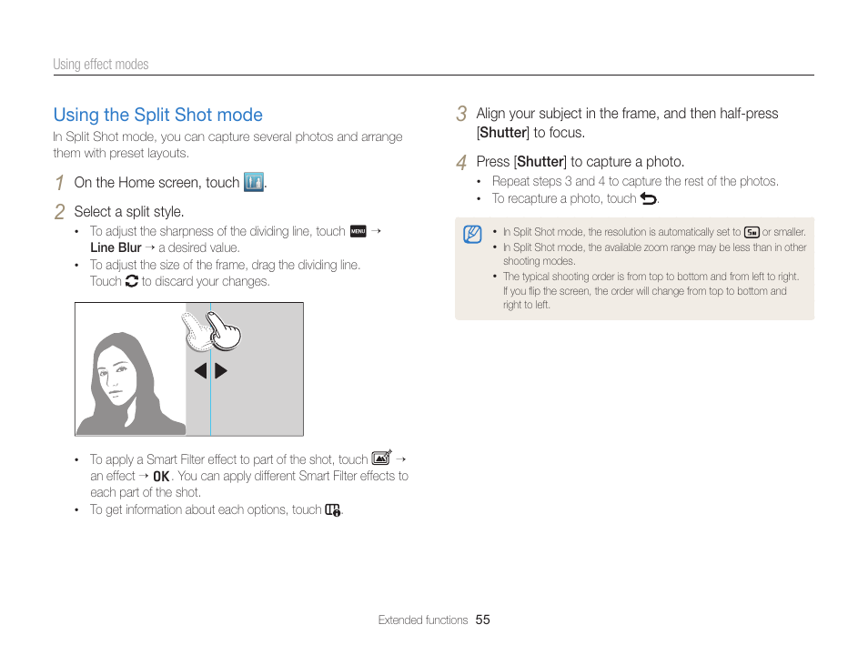 Using the split shot mode, Using the split shot mode ……………… 55 | Samsung EC-MV900FBPWUS User Manual | Page 56 / 173