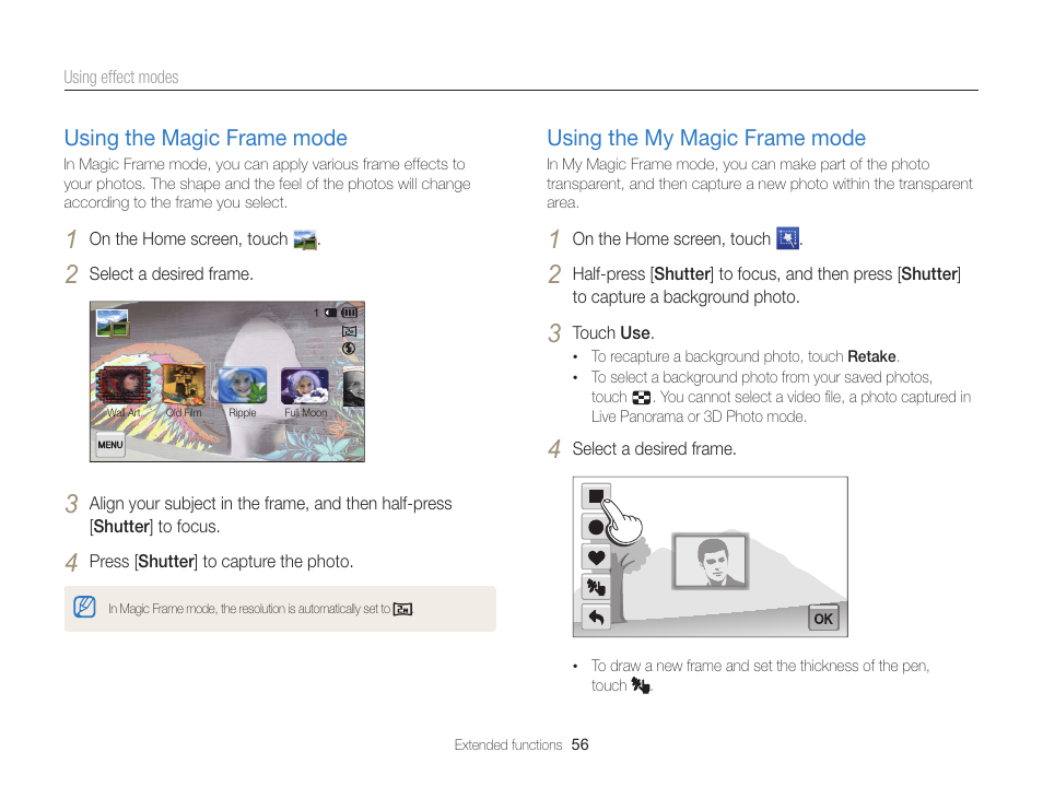 Using the magic frame mode, Using the my magic frame mode, Using the magic frame mode …………… 56 | Using the my magic frame mode ………… 56 | Samsung EC-MV900FBPWUS User Manual | Page 57 / 173