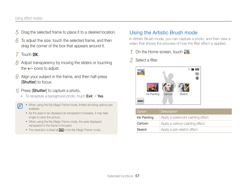 Using the artistic brush mode, Using the artistic brush mode …………… 57 | Samsung EC-MV900FBPWUS User Manual | Page 58 / 173