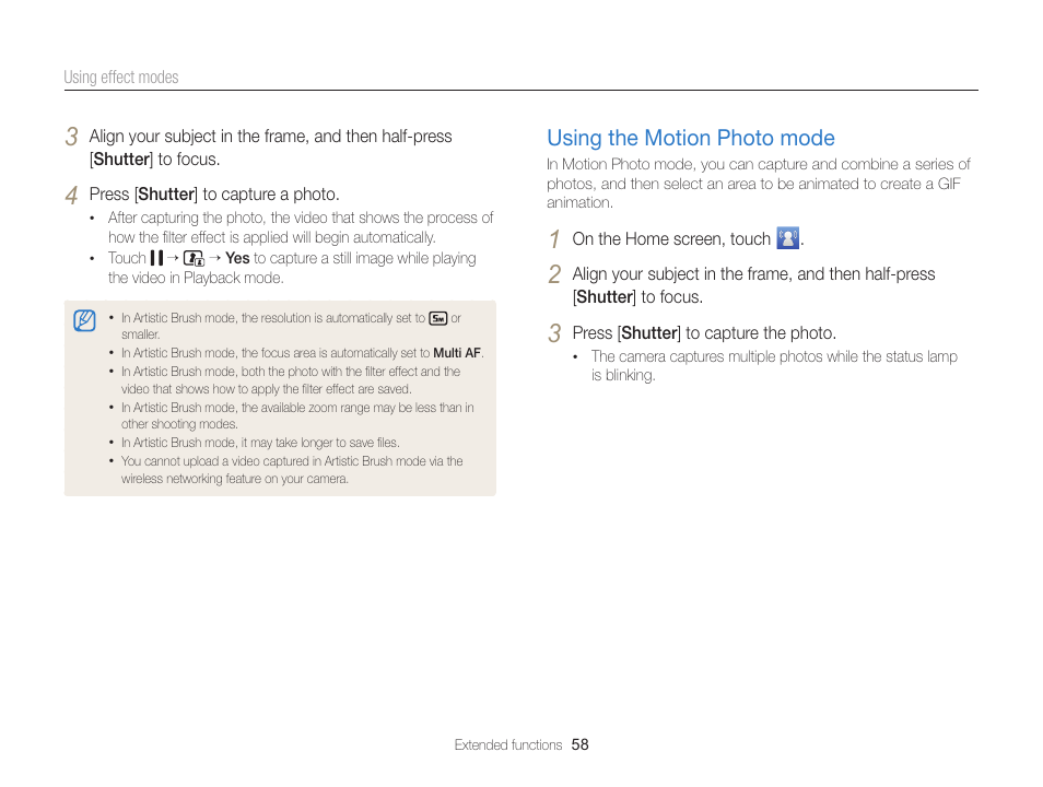 Using the motion photo mode, Using the motion photo mode …………… 58 | Samsung EC-MV900FBPWUS User Manual | Page 59 / 173