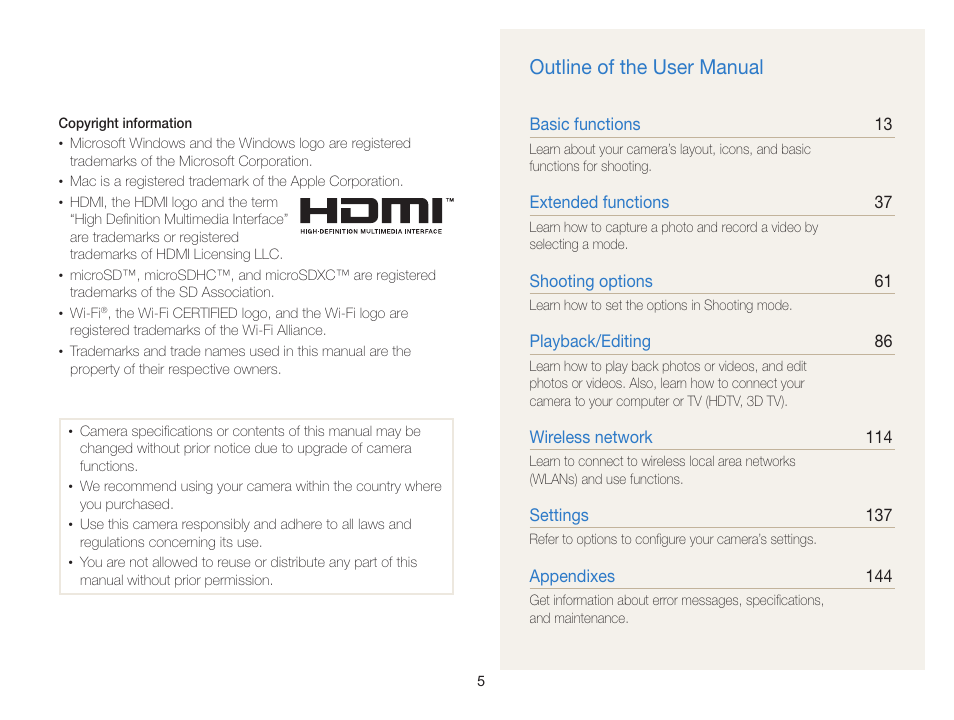 Outline of the user manual | Samsung EC-MV900FBPWUS User Manual | Page 6 / 173