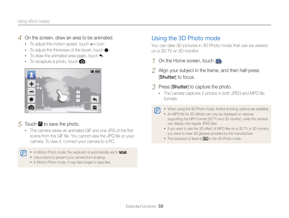 Using the 3d photo mode, Using the 3d photo mode ……………… 59 | Samsung EC-MV900FBPWUS User Manual | Page 60 / 173