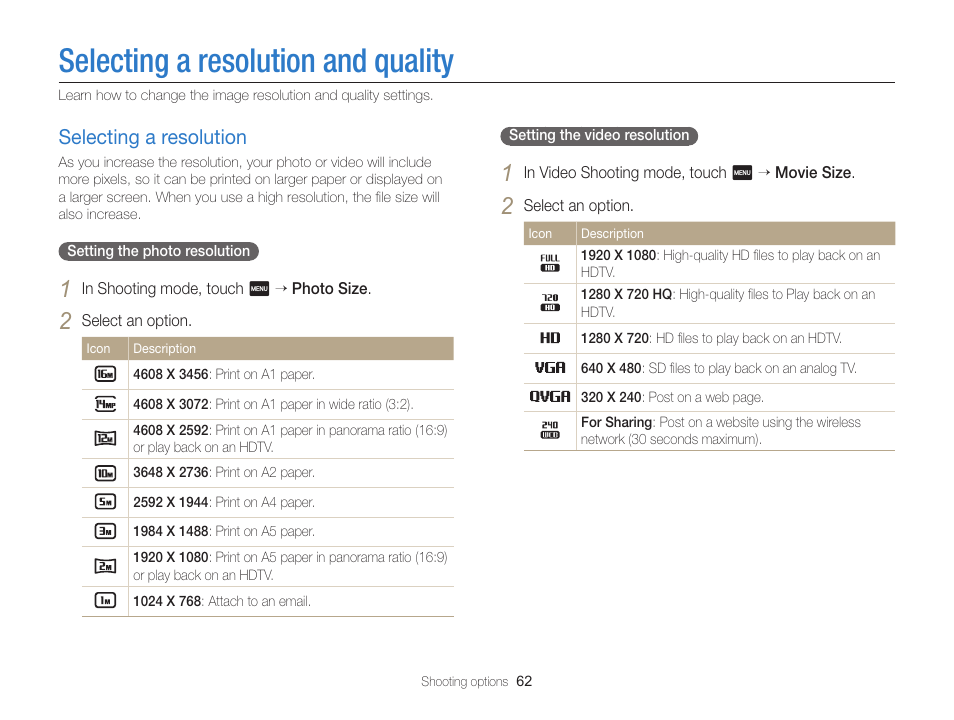 Selecting a resolution and quality, Selecting a resolution, Selecting a resolution …………………… 62 | Samsung EC-MV900FBPWUS User Manual | Page 63 / 173