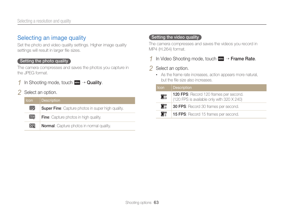 Selecting an image quality, Selecting an image quality ………………… 63 | Samsung EC-MV900FBPWUS User Manual | Page 64 / 173