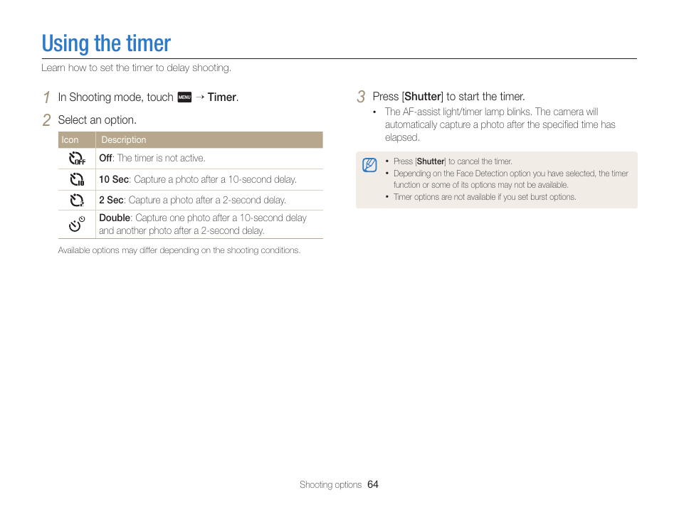 Using the timer | Samsung EC-MV900FBPWUS User Manual | Page 65 / 173