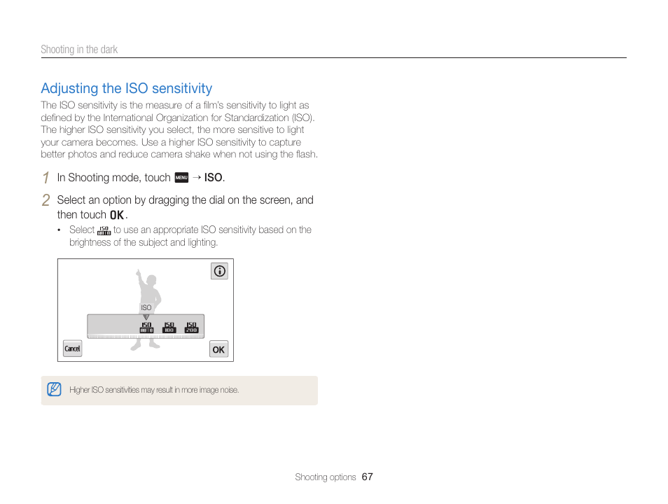 Adjusting the iso sensitivity, Set iso sensitivity options. (p. 67), Adjusting the iso sensitivity ……………… 67 | Samsung EC-MV900FBPWUS User Manual | Page 68 / 173