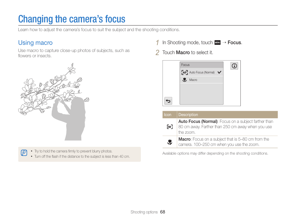 Changing the camera’s focus, Using macro, Using macro ……………………………… 68 | Samsung EC-MV900FBPWUS User Manual | Page 69 / 173