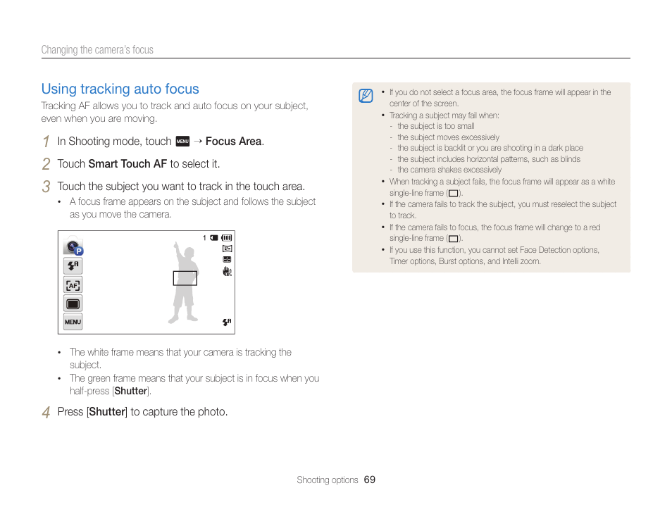 Using tracking auto focus, Using tracking auto focus ………………… 69 | Samsung EC-MV900FBPWUS User Manual | Page 70 / 173