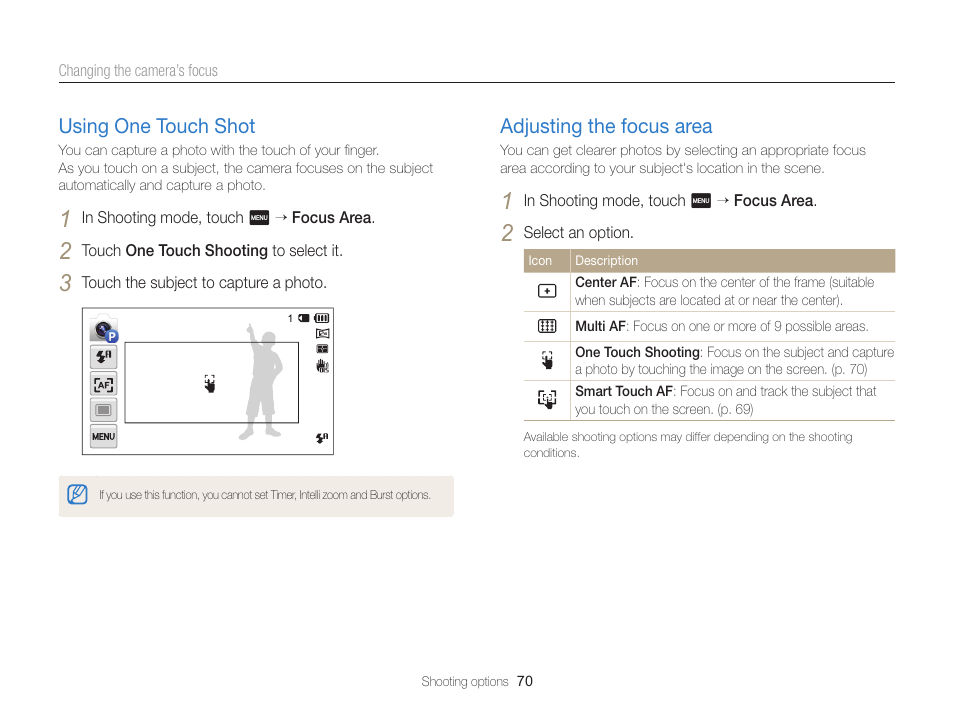 Using one touch shot, Adjusting the focus area, Using one touch shot …………………… 70 | Adjusting the focus area ………………… 70 | Samsung EC-MV900FBPWUS User Manual | Page 71 / 173